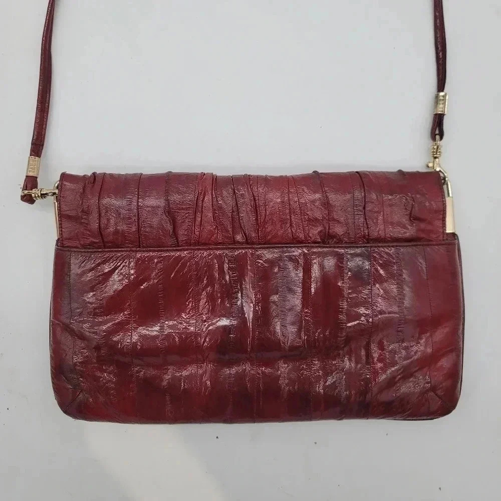 Vintage Womens Genuine Soft Eel Skin Leather Purse Clutch Hand Bag Red Burgundy - Picture 4 of 11